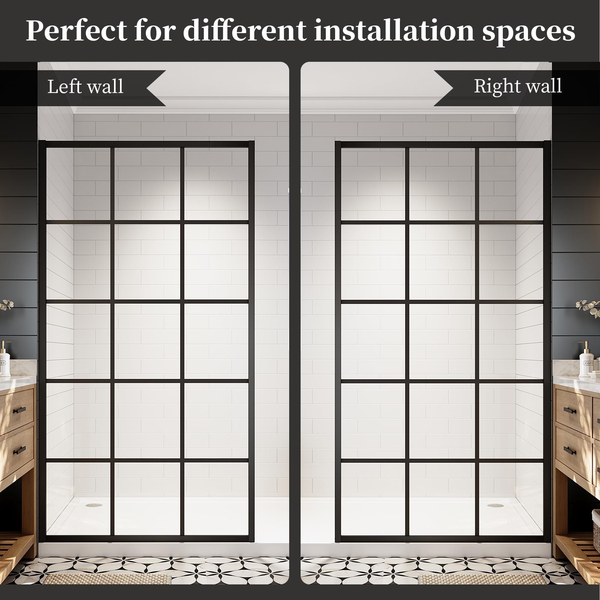34"/38"/42"/46" x 78" Framed Grid Shower Screen, Matte Black #Size_42" W x 78" H