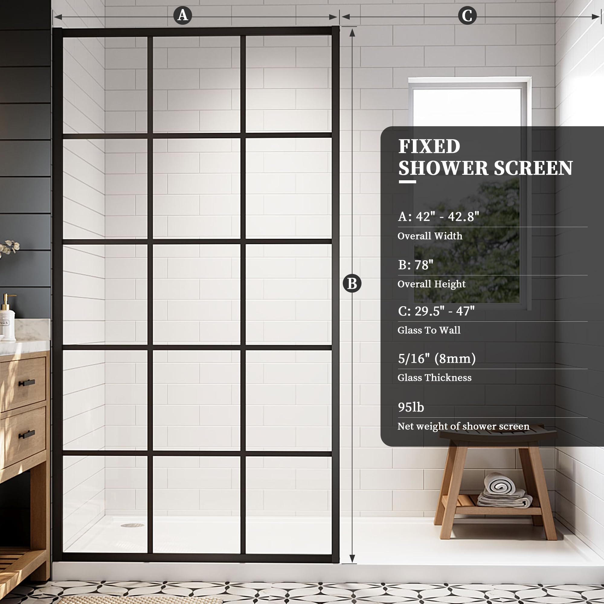 34"/38"/42"/46" x 78" Framed Grid Shower Screen, Matte Black #Size_42" W x 78" H