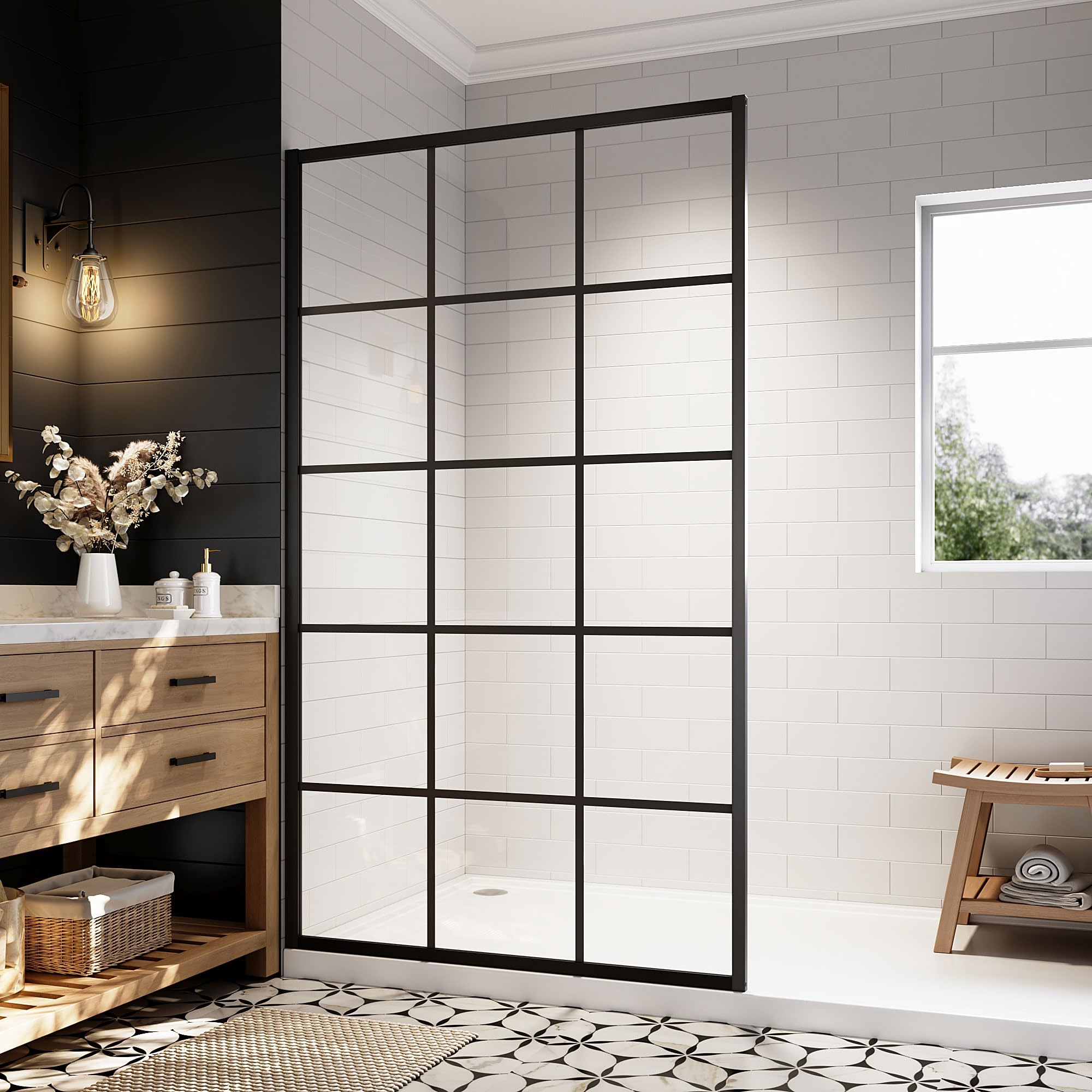 34"/38"/42"/46" x 78" Framed Grid Shower Screen, Matte Black #Size_46" W x 78" H