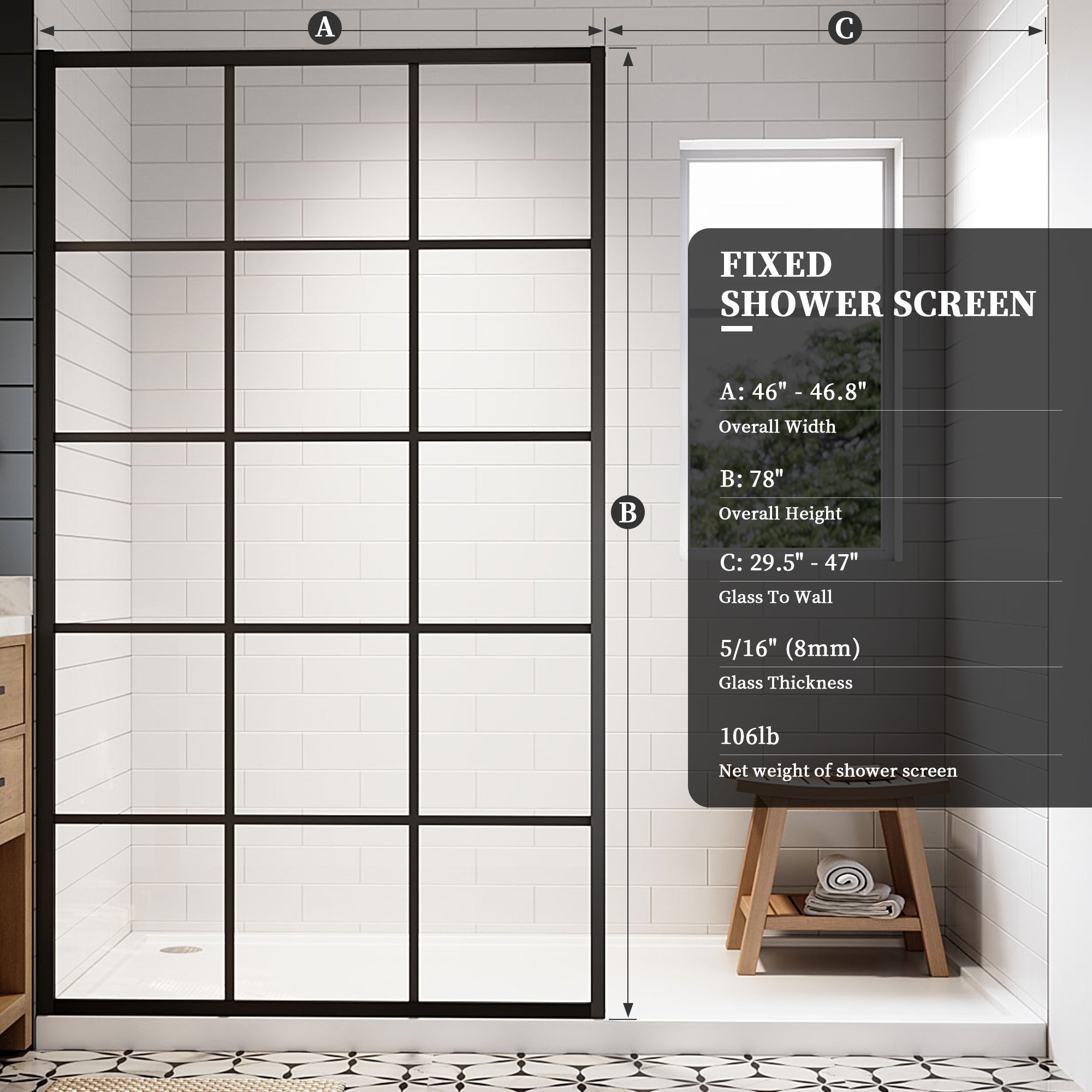 34"/38"/42"/46" x 78" Framed Grid Shower Screen, Matte Black #Size_46" W x 78" H