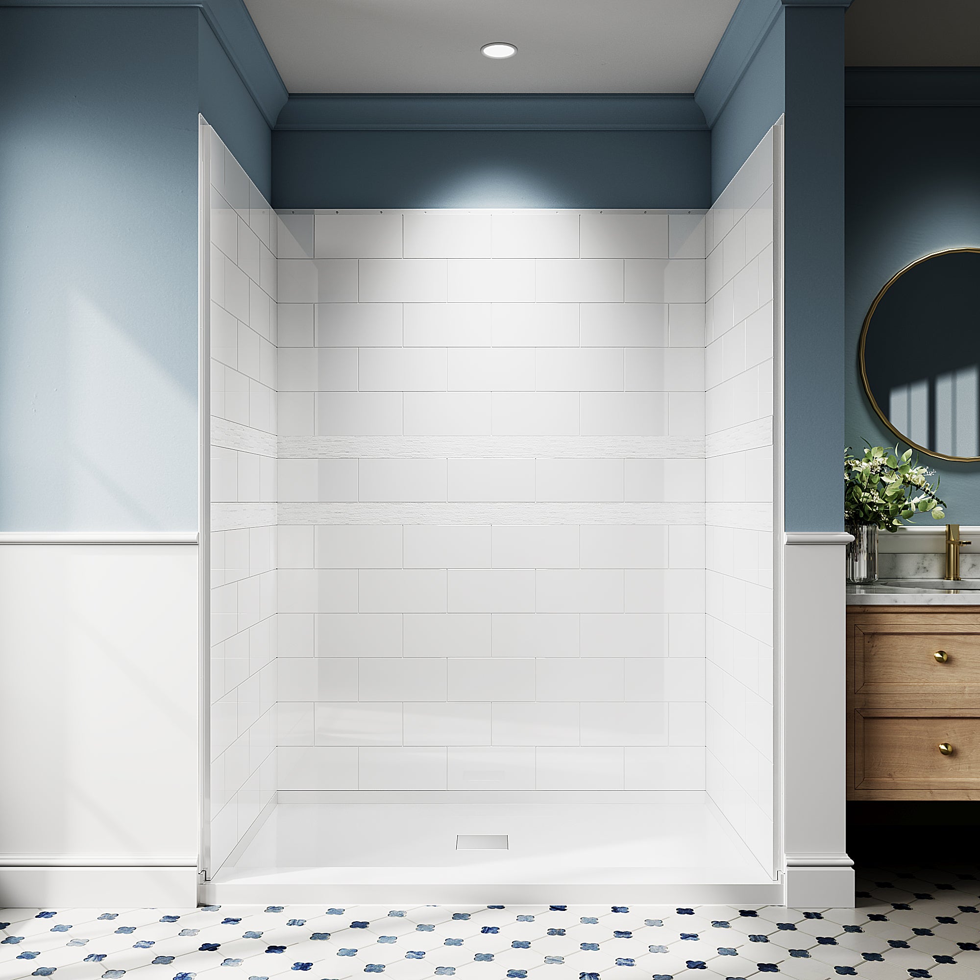 32"/36" D x 60" W x 78" H Shower Wall Panels Kit, Solid Surface 4-Panel Shower Surround, Glossy White Subway Tile Design