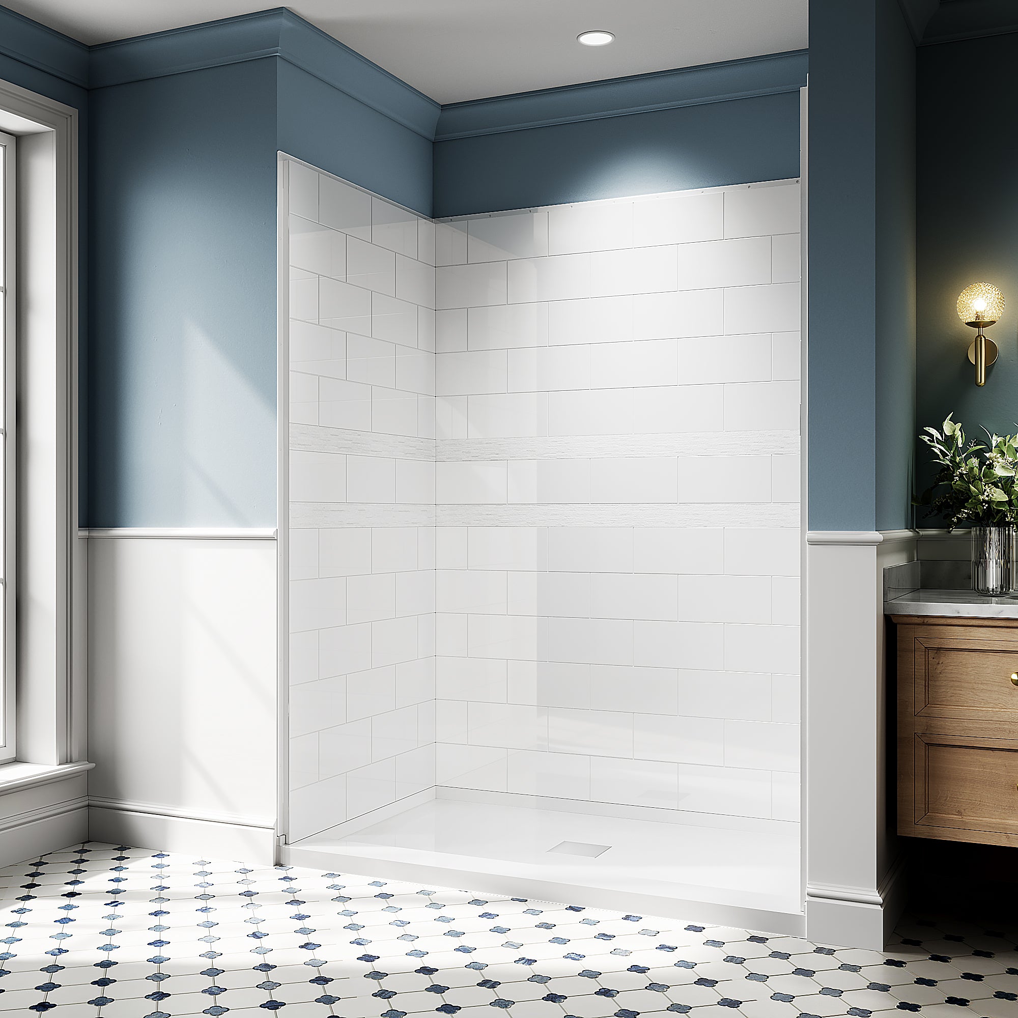 32"/36" D x 60" W x 78" H Shower Wall Panels Kit, Solid Surface 4-Panel Shower Surround, Glossy White Subway Tile Design