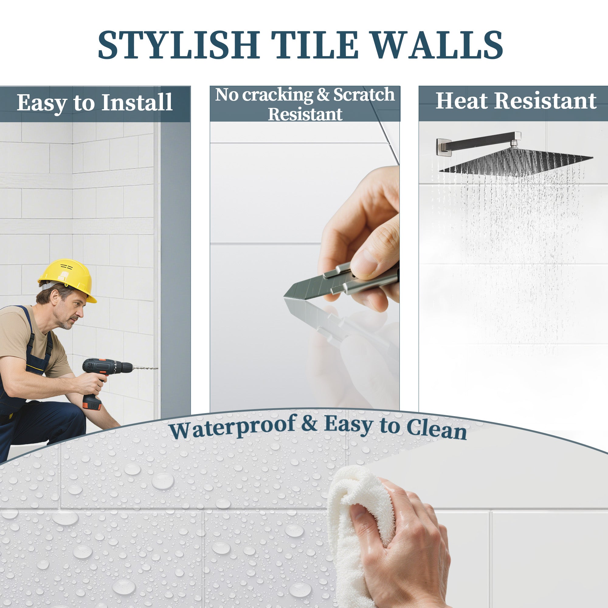 32"/36" D x 60" W x 78" H Shower Wall Panels Kit, Solid Surface 4-Panel Shower Surround, Glossy White Subway Tile Design