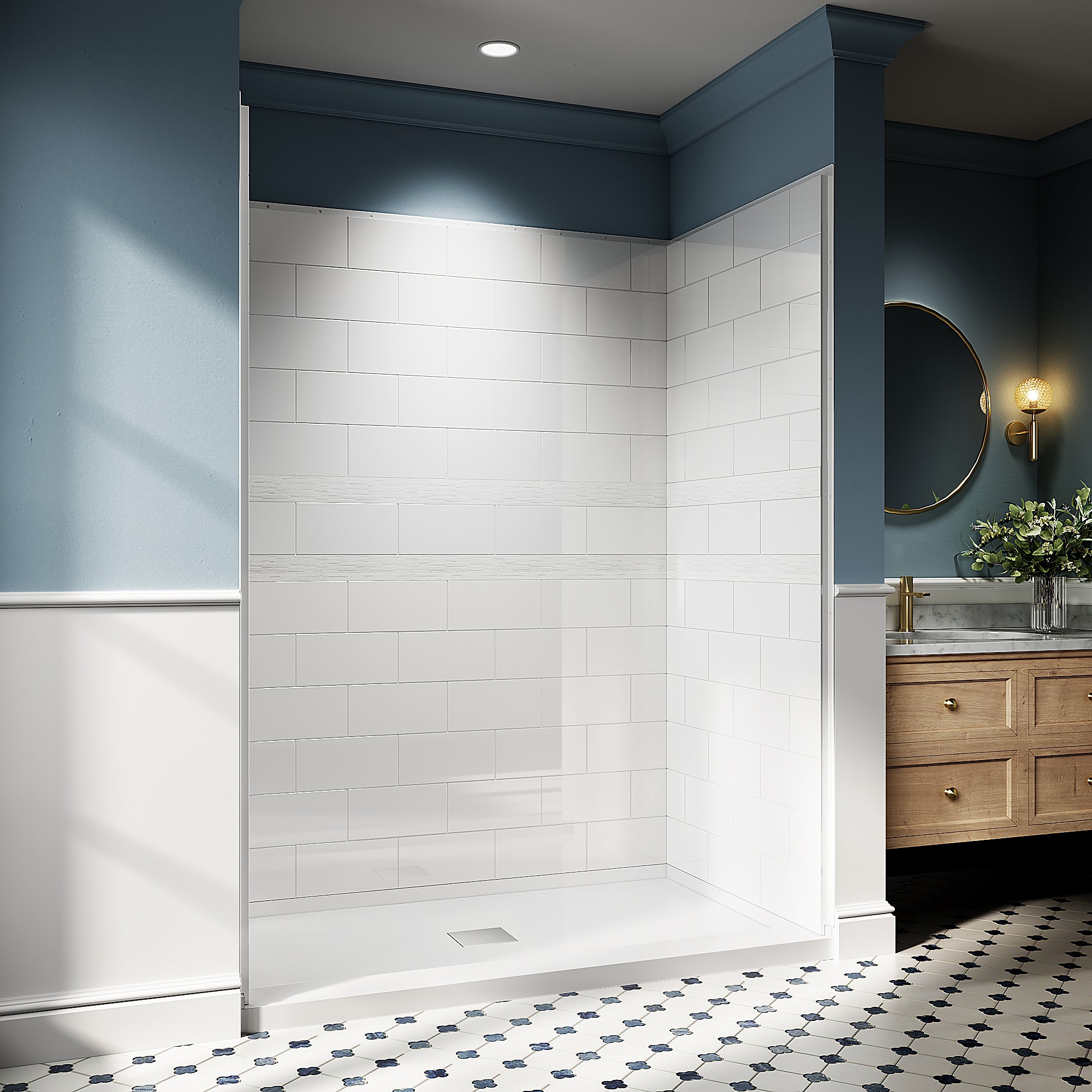 32"/36" D x 60" W x 78" H Shower Wall Panels Kit, Solid Surface 4-Panel Shower Surround, Glossy White Subway Tile Design