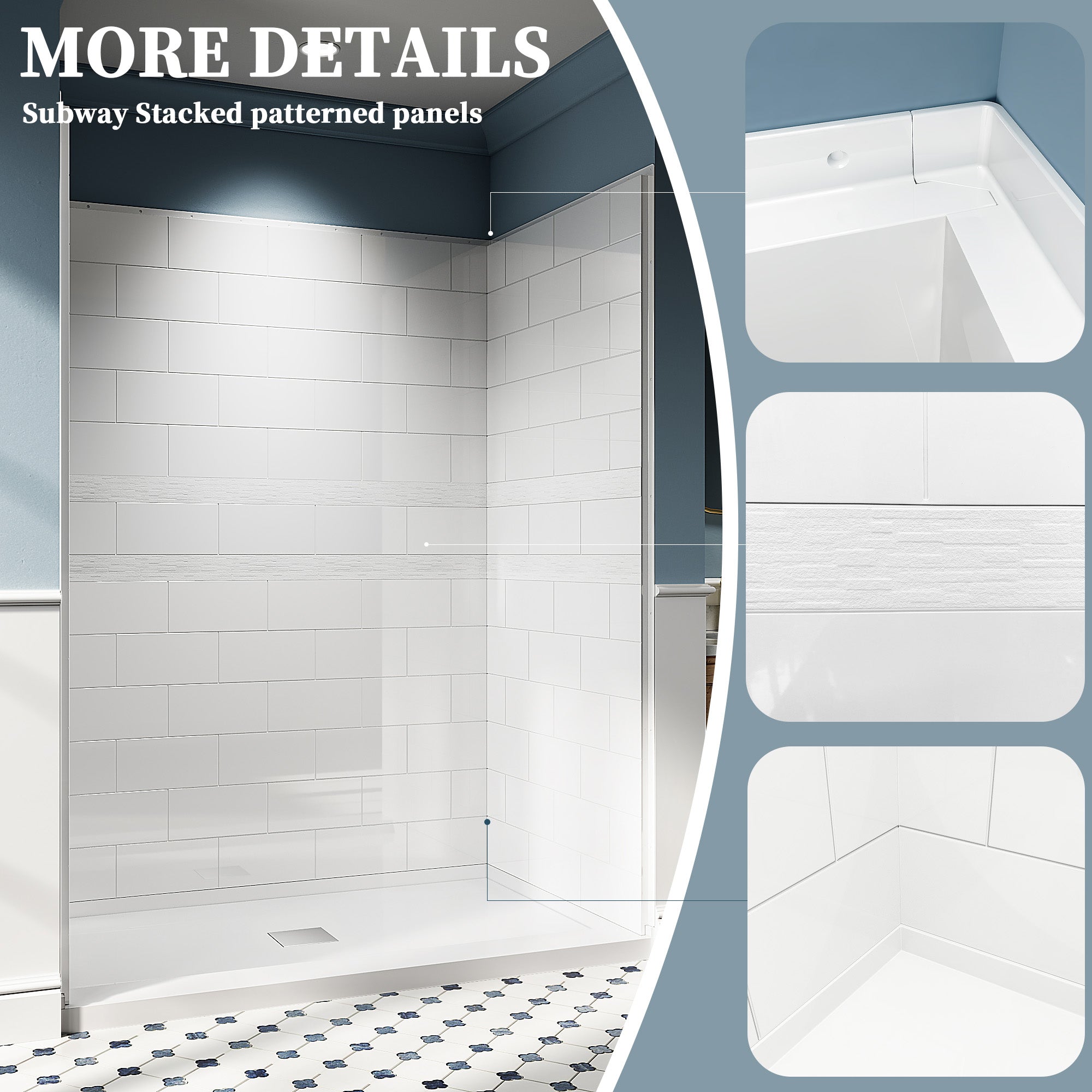 32"/36" D x 60" W x 78" H Shower Wall Panels Kit, Solid Surface 4-Panel Shower Surround, Glossy White Subway Tile Design