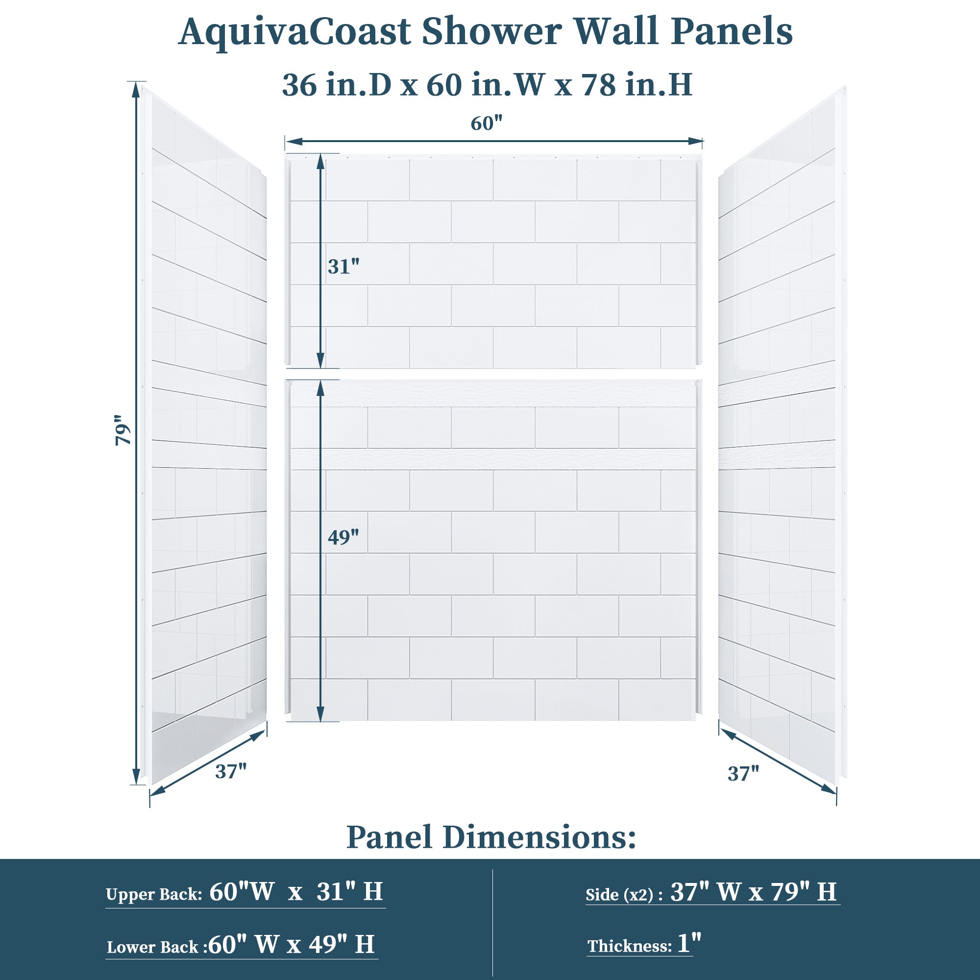 32"/36" D x 60" W x 78" H Shower Wall Panels Kit, Solid Surface 4-Panel Shower Surround, Glossy White Subway Tile Design #Size_36" × 60" × 78"