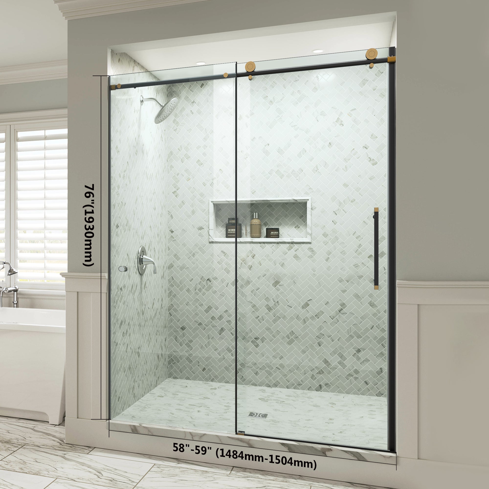 56"-60" x 76" Frameless Single Sliding Shower Door #Color_Black and Gold