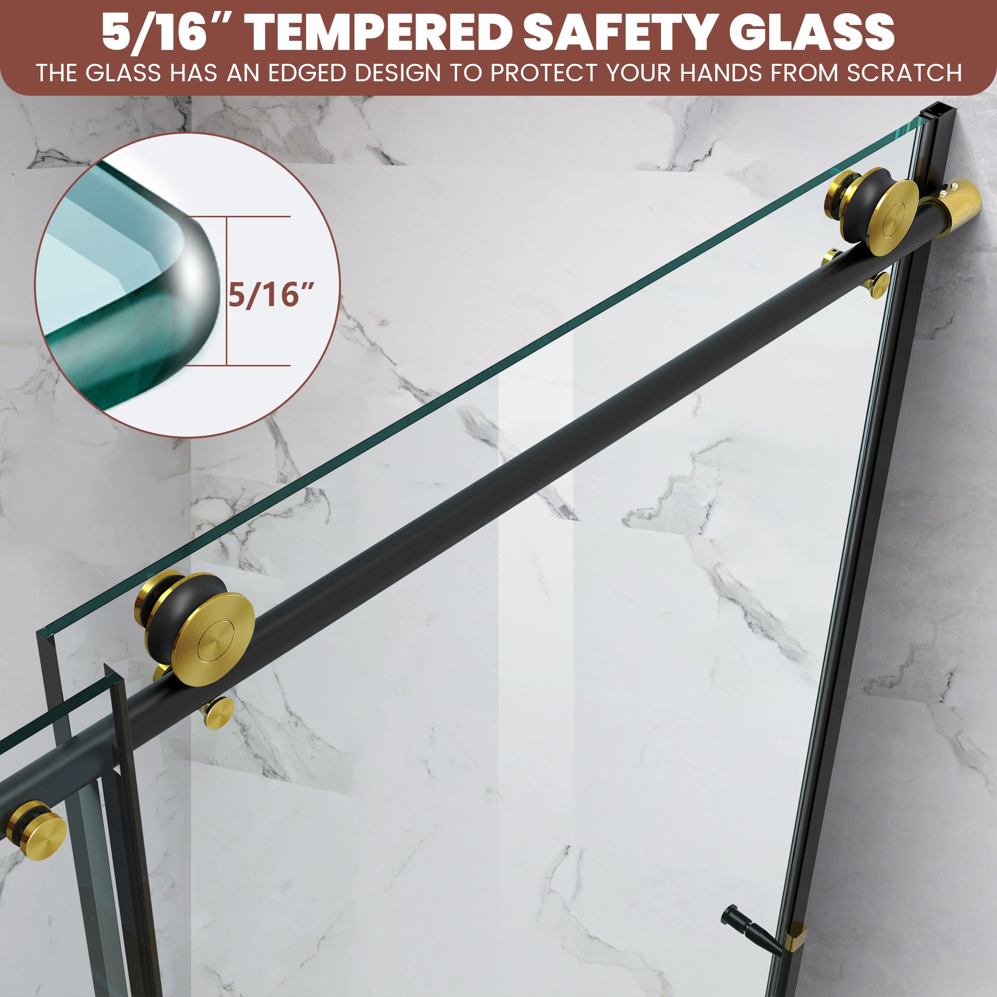 56"-60" x 76" Frameless Single Sliding Shower Door #Color_Black and Gold