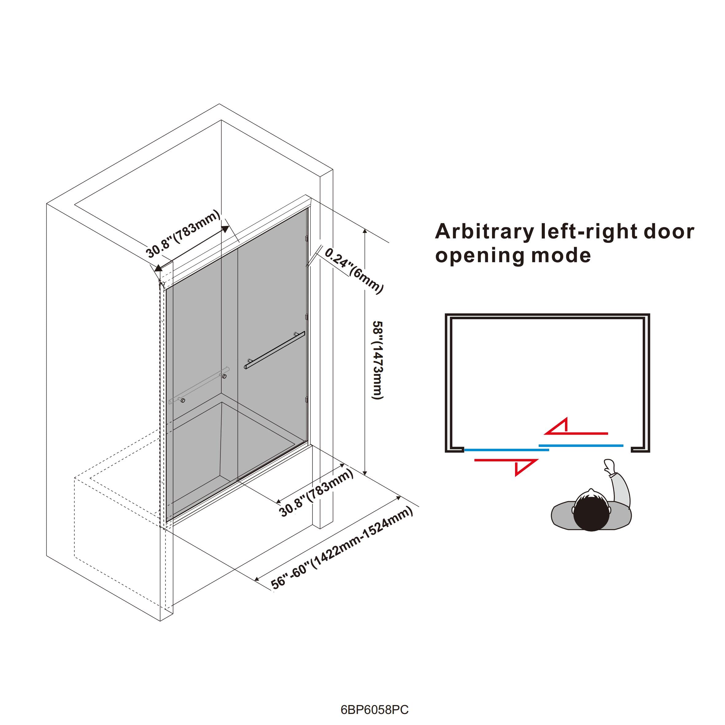 56"-60" W x 58"/62"/65"  H Framed Double Sliding Bathtub Door with 1/4" (6 mm) Clear Tempered Glass and Towel Bar
