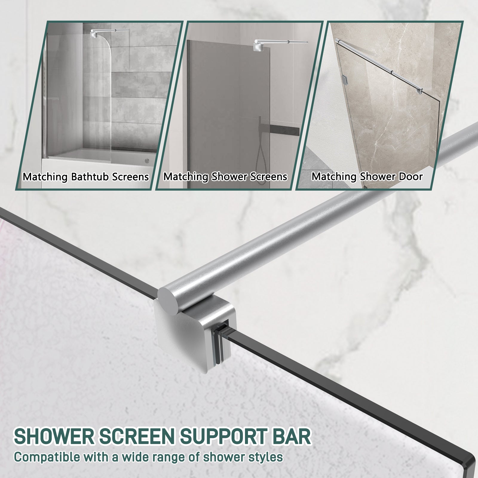 Round Wall - to - Glass Support Bar with Square Contoured Clamp LG - 02 - Wall - to - Glass Support Bar - AquivaCoast Showers - Wall - to - Glass Support Bar - #Color_Brushed Nickel
