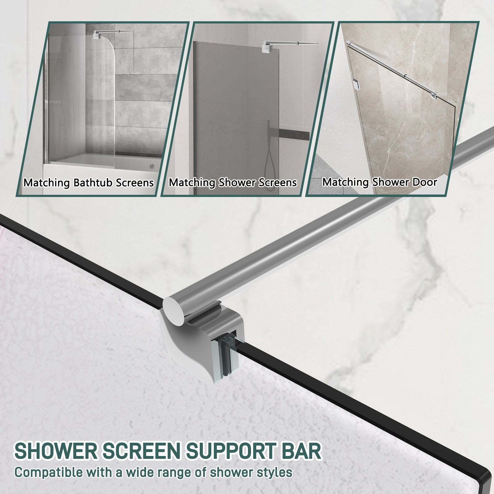 Round Wall - to - Glass Support Bar with Square Contoured Clamp LG - 02 - Wall - to - Glass Support Bar - AquivaCoast Showers - Wall - to - Glass Support Bar - #Color_Chrome