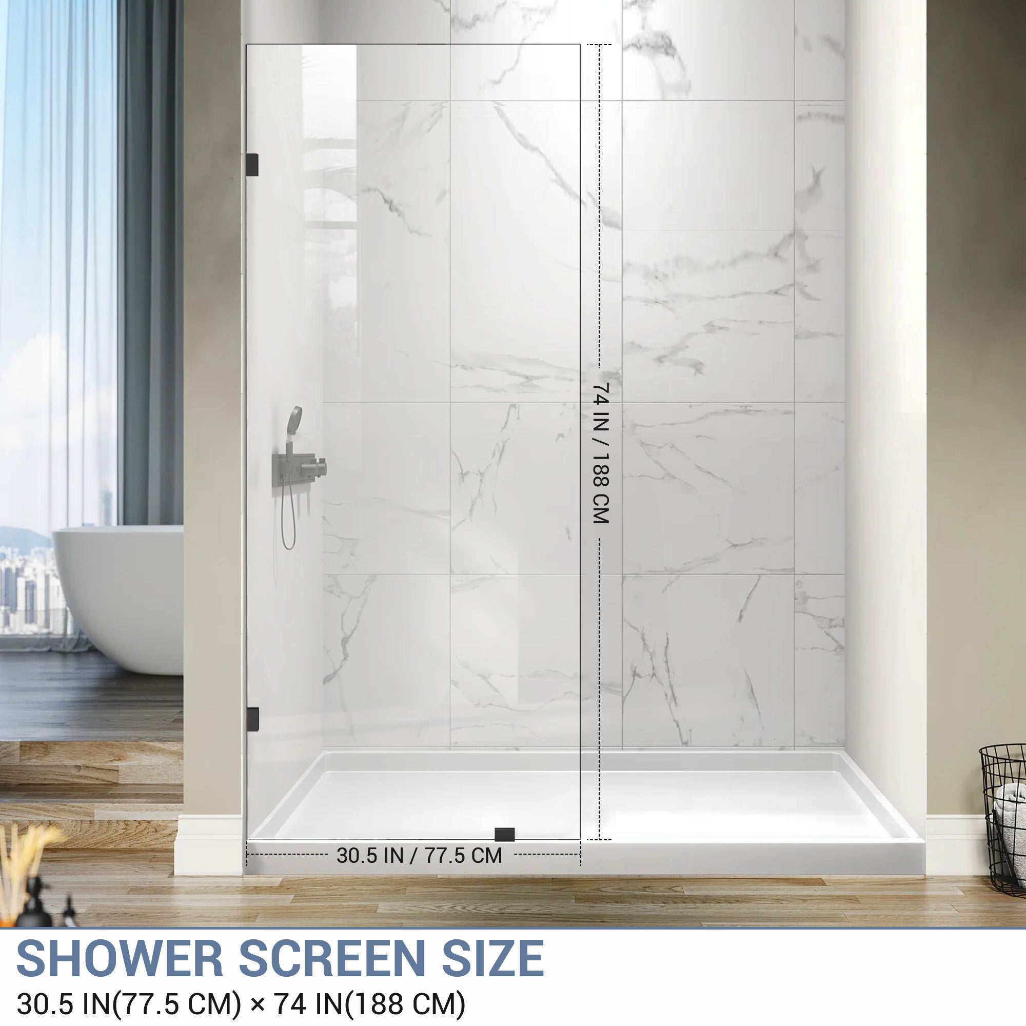 30.5"/34" x 74" Walk-in Frameless Shower Screen with 3/8" (10mm) Ultra-Clear Tempered Glass #Size_30.5" x 74"