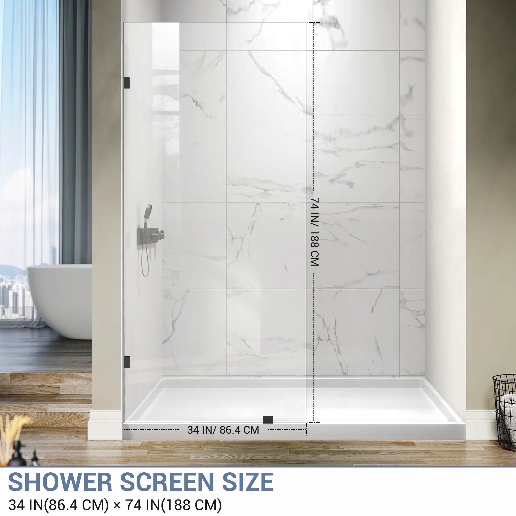 30.5"/34" x 74" Walk-in Frameless Shower Screen with 3/8" (10mm) Ultra-Clear Tempered Glass #Size_34" x 74"