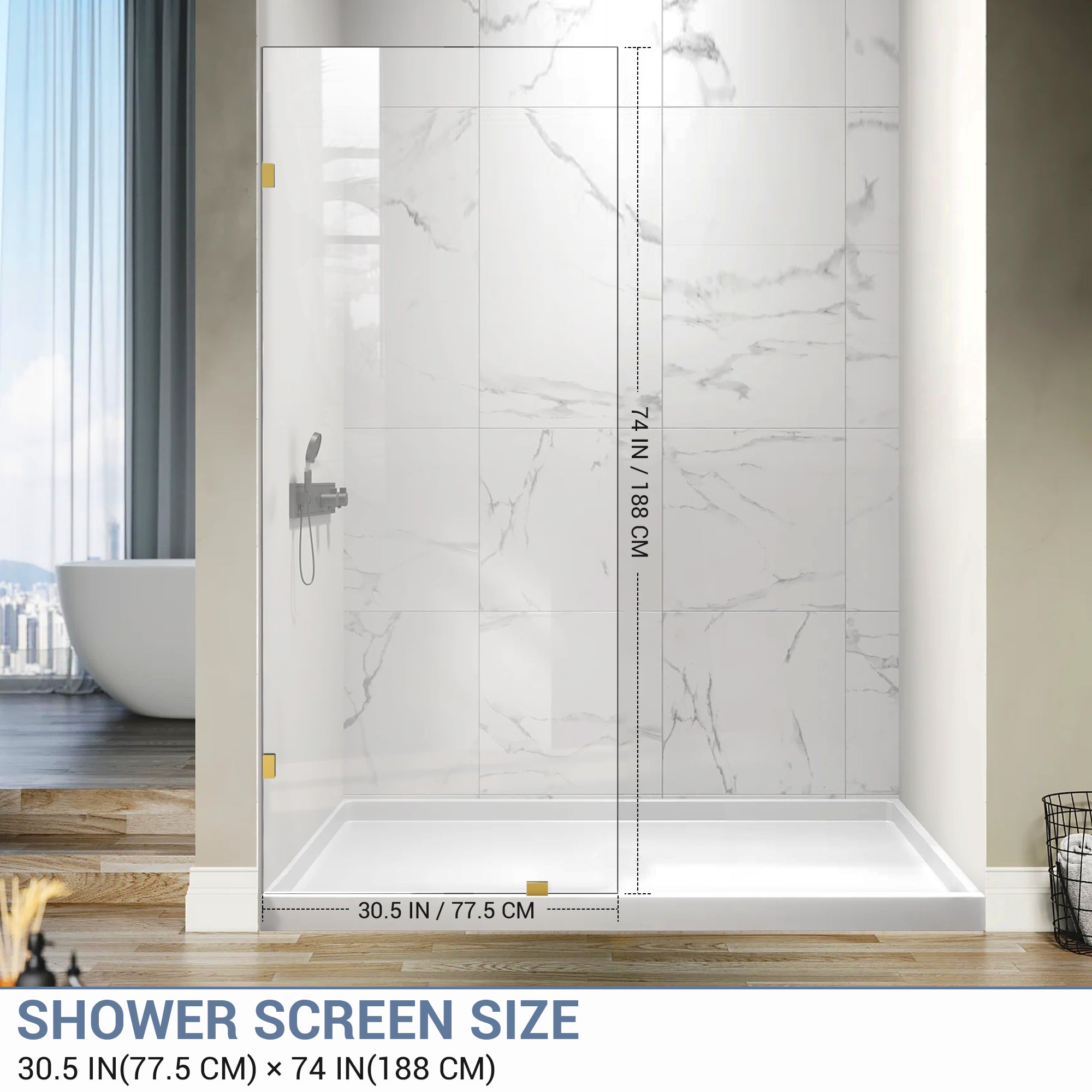 30.5"/34" x 74" Walk-in Frameless Shower Screen with 3/8" (10mm) Ultra-Clear Tempered Glass #Size_30.5" x 74"