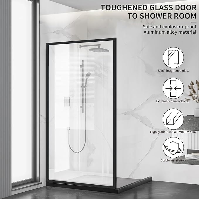 Durable AquivaCoast 5/16" tempered glass shower screen: clear or clear black options, available in 34" to 48" widths and 74" height. #Glass Finish_Clear