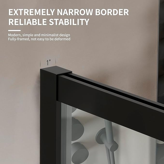 Durable AquivaCoast 5/16" tempered glass shower screen: clear or clear black options, available in 34" to 48" widths and 74" height. #Glass Finish_Clear