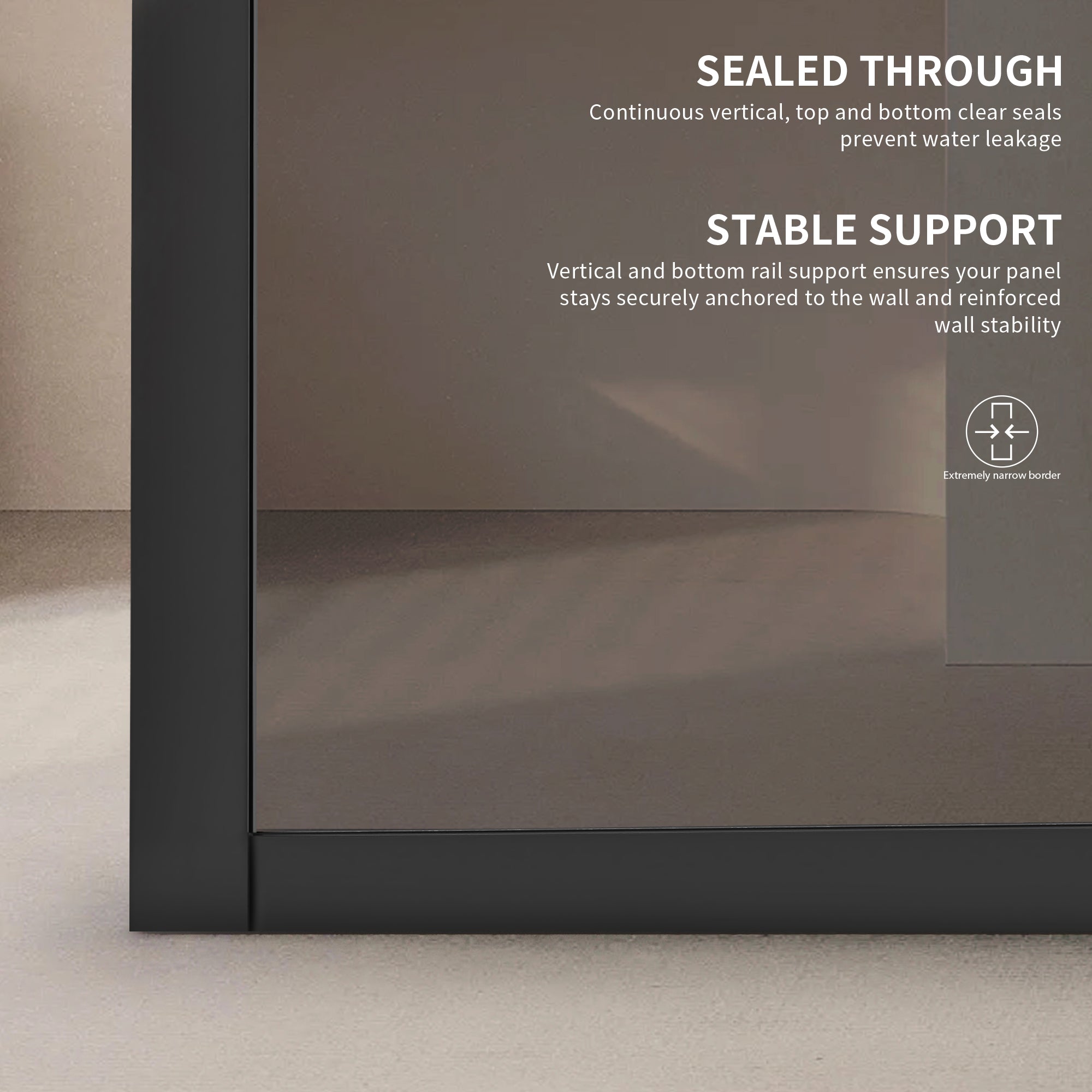 Durable AquivaCoast 5/16" tempered glass shower screen: features clear or clear black glass options, available in 34" to 48" widths and 74" height. #Glass Finish_Clear Black