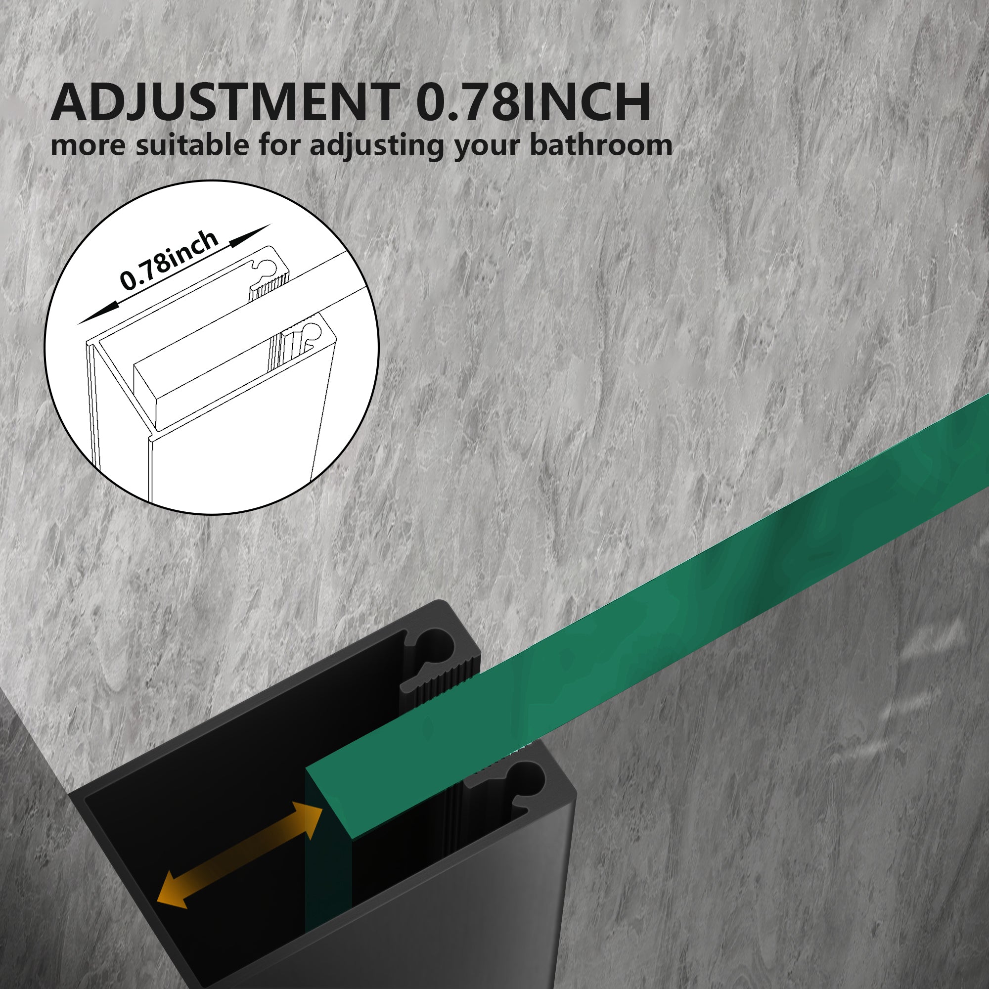 Durable AquivaCoast 5/16" tempered glass shower screen: features clear or clear black glass options, available in 34" to 48" widths and 74" height. #Glass Finish_Clear Black