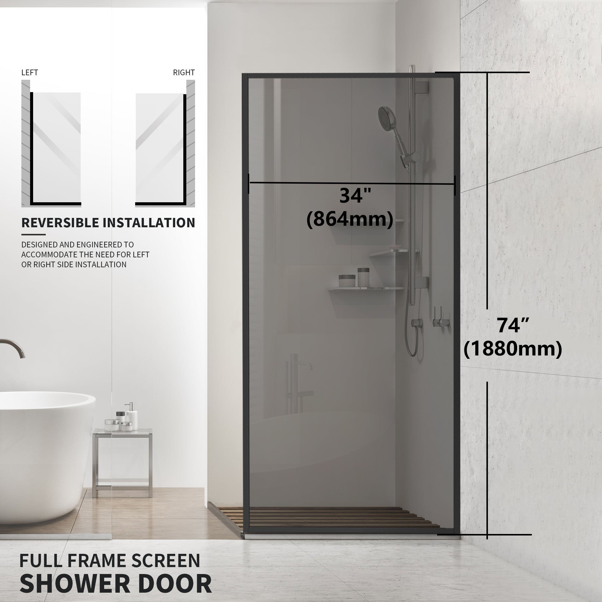 Durable AquivaCoast 5/16" tempered glass shower screen: features clear or clear black glass options, available in 34" to 48" widths and 74" height. #Glass Finish_Clear Black