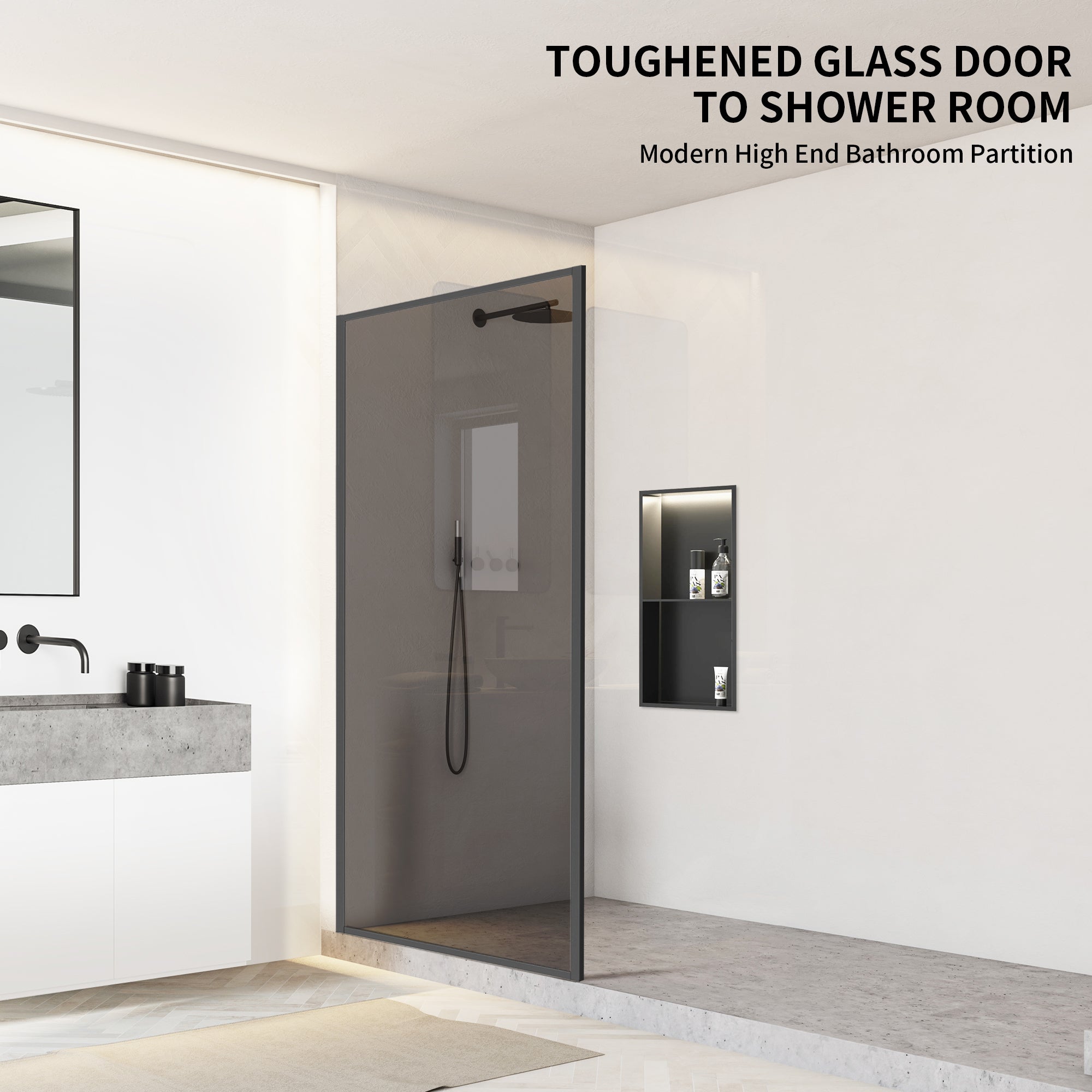 Durable AquivaCoast 5/16" tempered glass shower screen: features clear or clear black glass options, available in 34" to 48" widths and 74" height. #Glass Finish_Clear Black