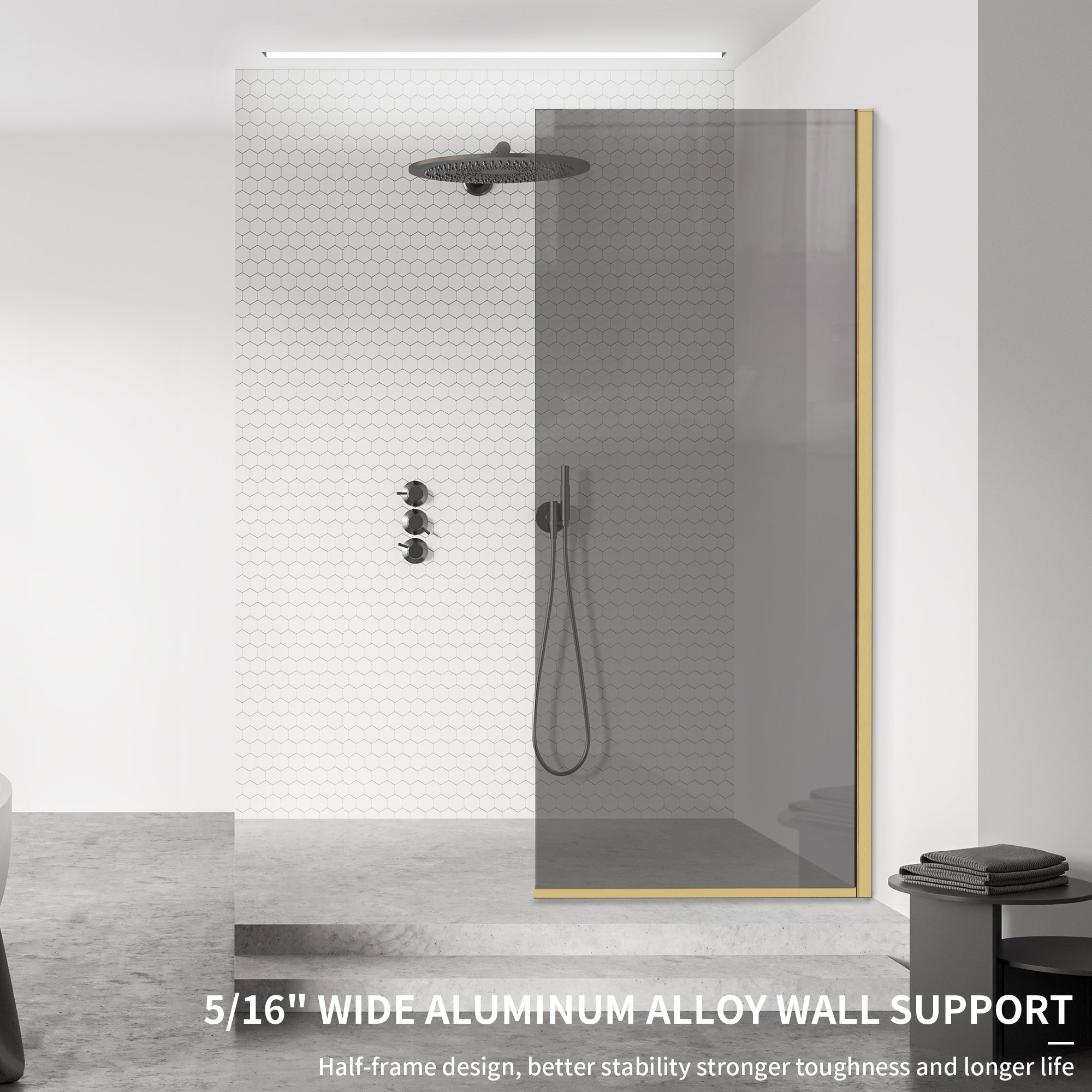 34" x 74" Semi-Framed Shower Screen with Clear Black Tempered Glass X6 #Color_Brushed Gold