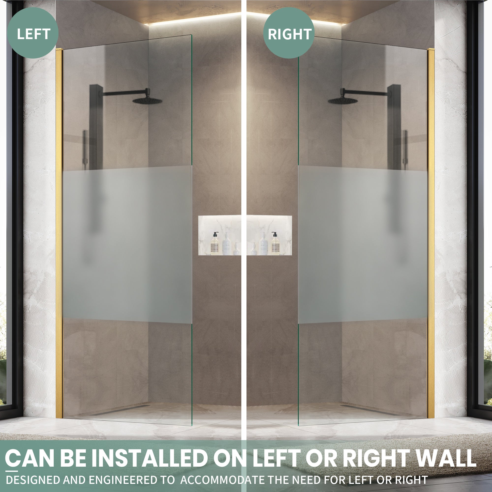 34" W x 74" H Walk-In Frameless Fixed Shower Screen with 5/16" (8 mm)  Clear & Frosted Tempered Glass, Brushed Gold