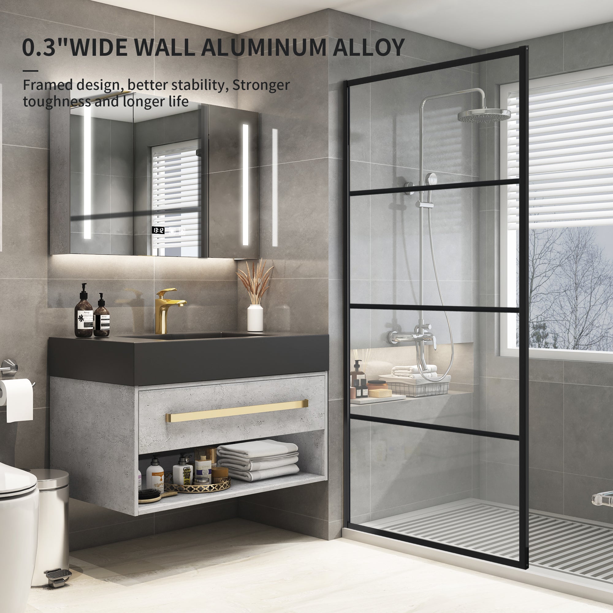 34" W x 76" H Walk-in Framed Fixed Shower Panel with 5/16" (8 mm) Clear Tempered Glass and Matte Black Grid Finish