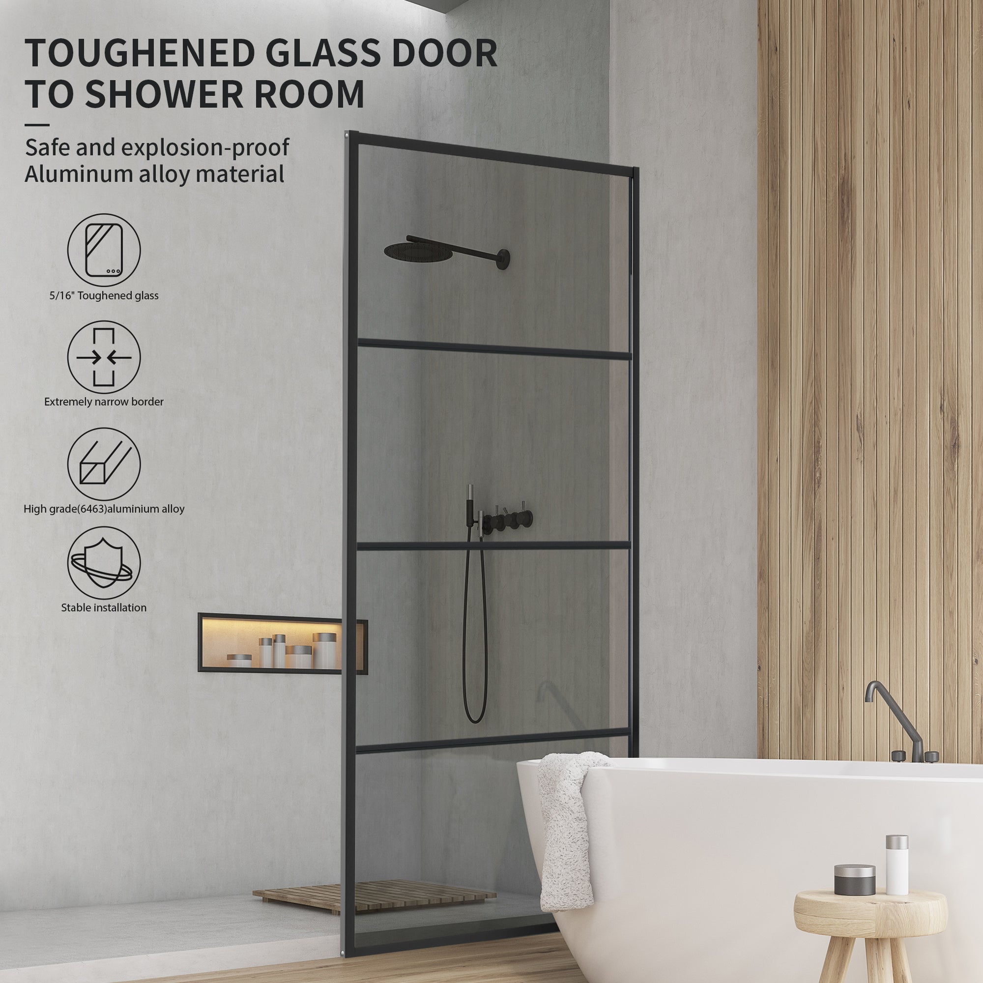 34" W x 76" H Walk-in Framed Fixed Shower Panel with 5/16" (8 mm) Clear Tempered Glass and Matte Black Grid Finish