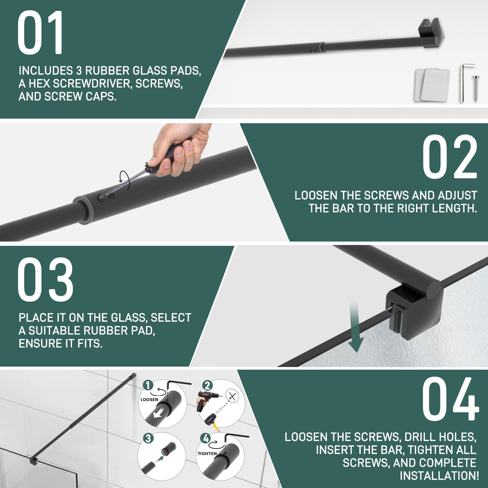 Round Wall - to - Glass Support Bar with Square Contoured Clamp LG - 02 - Wall - to - Glass Support Bar - AquivaCoast Showers - Wall - to - Glass Support Bar - #Color_Matte Black