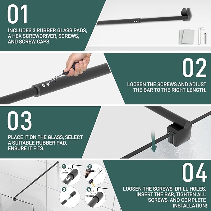 Round Wall - to - Glass Support Bar with Square Contoured Clamp LG - 02 - Wall - to - Glass Support Bar - AquivaCoast Showers - Wall - to - Glass Support Bar - 